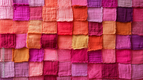 Colorful patchwork fabric made of tiny cloth squares in various shades of pink, red, and orange, creating vibrant and textured surface