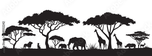 An African safari animal silhouette landscape scene. Silhouettes of Savannah animals among trees, including giraffes, lions, elephants, rhinos and deer.