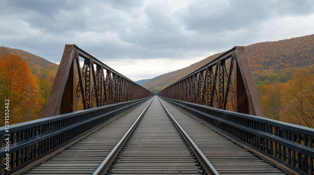 panoramic view of long iron bridge stretching over valley with autumn foliage. scene captures beauty of nature and engineering, inviting exploration and adventure panoramic view of long iron bridge stretching over valley with autumn foliage. scene captures beauty of nature and engineering, inviting exploration and adventure