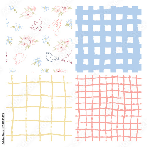 Hand-Drawn Pastel Geometric Patterns Set – Stripes, Grids, and Abstract Textures. Boho Geometric and Floral Patterns, Checkered, Lines, and Doodle Elements, Organic Grid and Line Textures