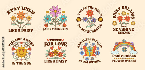 Retro daisy flowers vector set. Daisies flower graphic bundle for t-shirt designs