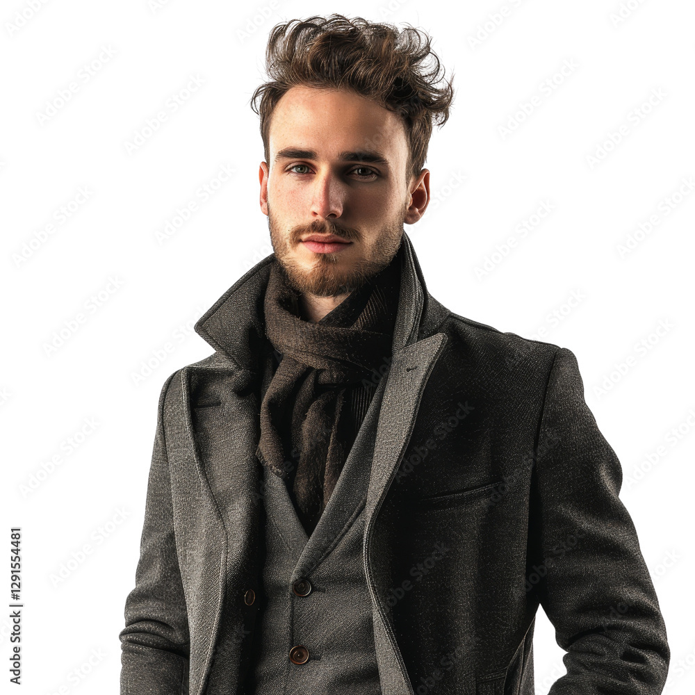 Obraz premium Young Man in Stylish Overcoat and Scarf Posing Confidently