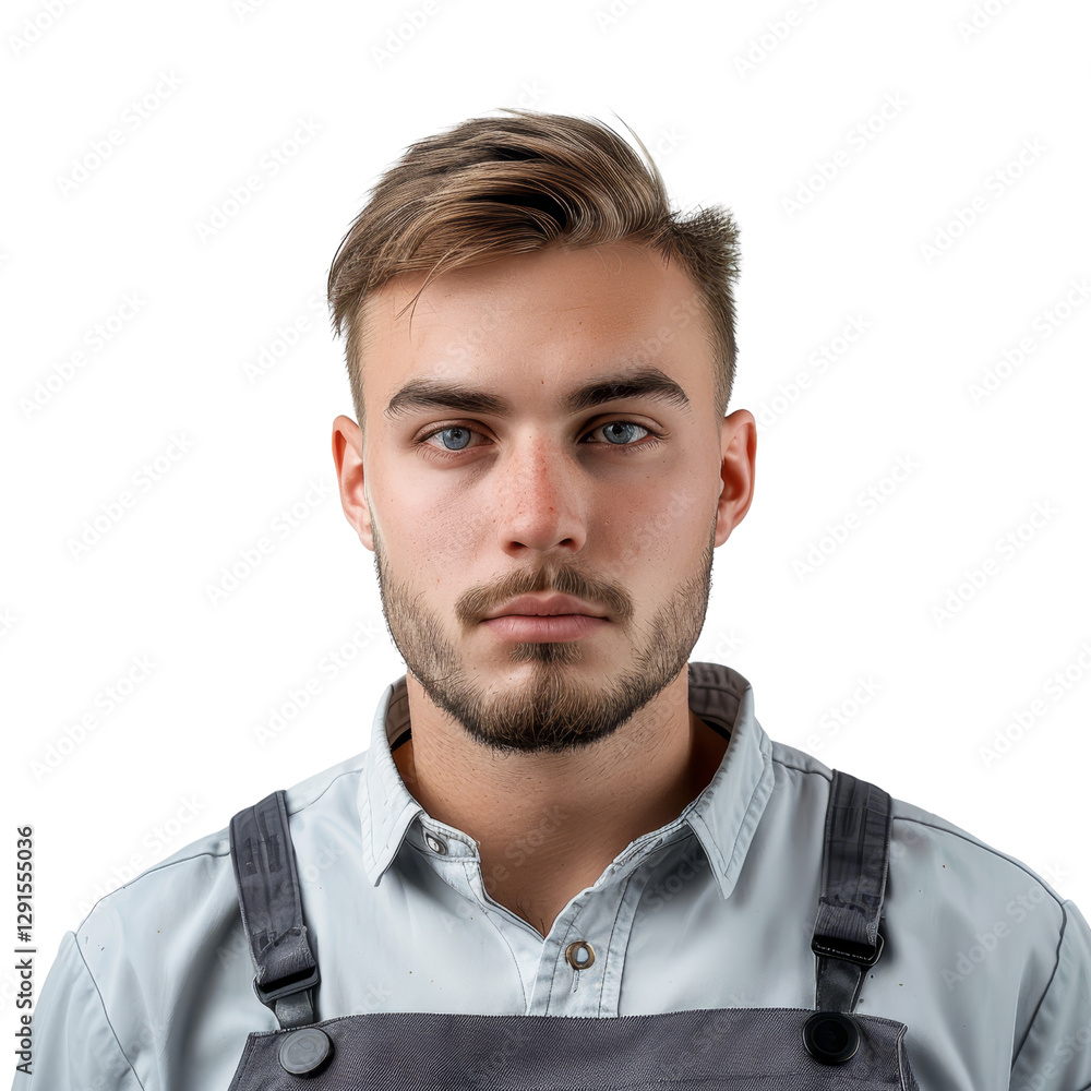 Obraz premium Young Man with Light Hair and Serious Expression in Overalls Portrait