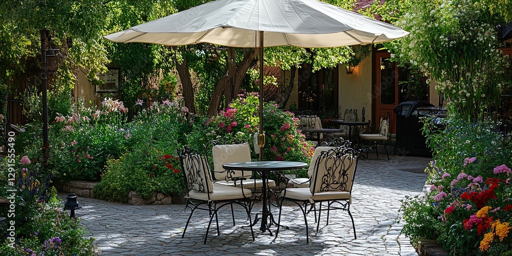 Obraz premium Charming outdoor caf, with wrought iron furniture and lush floral displays enhancing the rustic ambiance of the scene