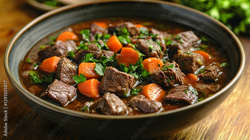 Hearty Beef Stew in Bowl on Wooden Table Hearty Beef Stew in Bowl on Wooden Table