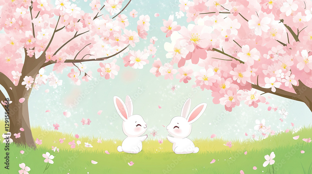 Obraz premium Two Rabbits Under Cherry Blossoms