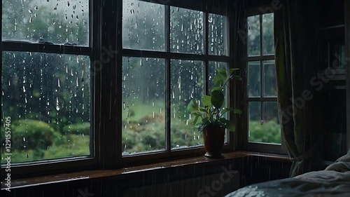 A Serene Bedroom View Through the Rain