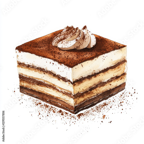 Delicious tiramisu slice with layers of coffee soaked cake and creamy mascarpone, topped with cocoa powder and whipped cream, perfect for dessert lovers