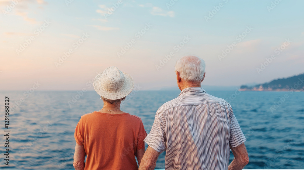 Fototapeta premium Enjoying sunset cruise, retired couple gazes at serene ocean view