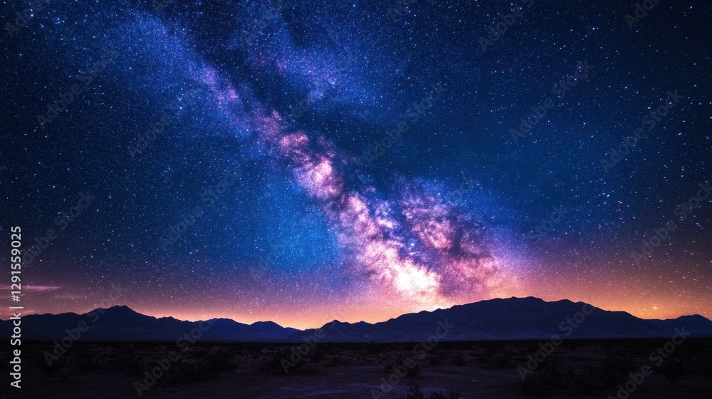 Fototapeta premium Starry night sky with visible milky way galaxy over mountain range landscape