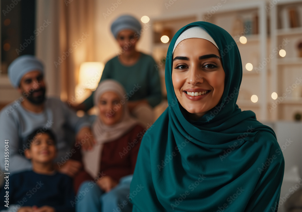 Portrait of smiling muslim woman wearing hijab with her family in background during ramadan celebration at home Portrait of smiling muslim woman wearing hijab with her family in background during ramadan celebration at home