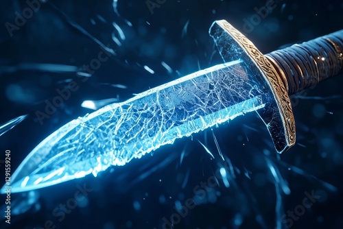 Dark blue background, broken glass effect, flat view of the dagger in the foreground, surrounded by black cracks on all sides, simple design, simple details, game-style fantasy art, mysterious
