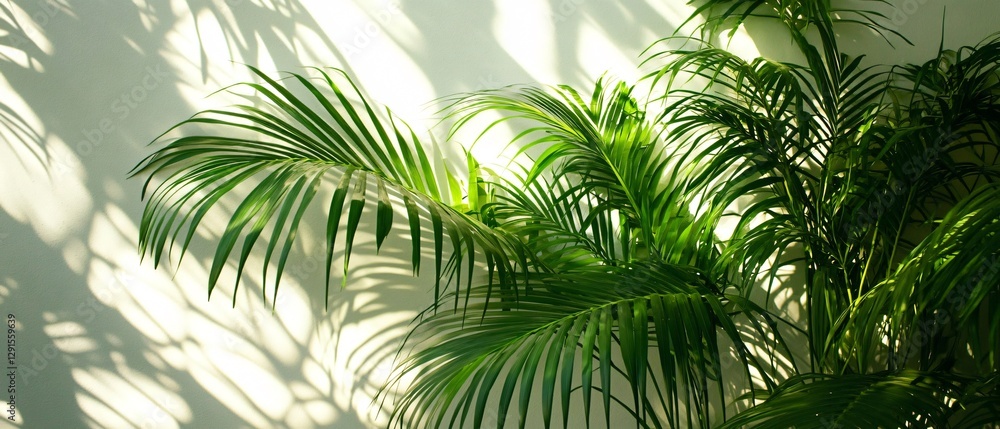 Green Palm Leaves and Shadows on a White Background Green Palm Leaves and Shadows on a White Background