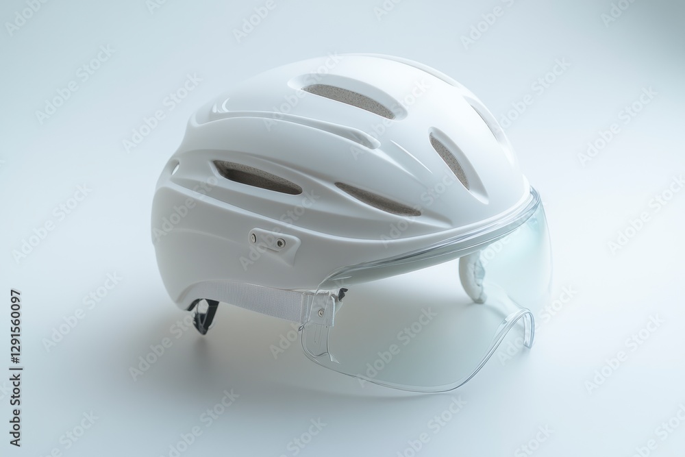 Fototapeta premium Modern Construction Safety Helmet with Integrated Goggles and Ear Protection on White Background. Innovative Safety Design Concept. Clean Close-Up Shot.