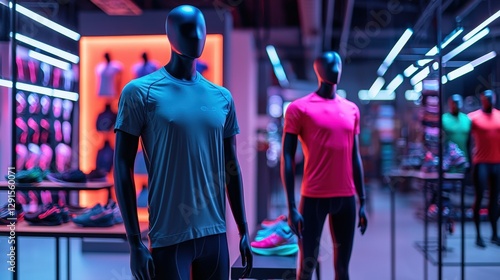 Mannequins in vibrant athletic shirts at a sports apparel store. Showcasing activewear fashion. Ideal for retail marketing and fitness campaigns.