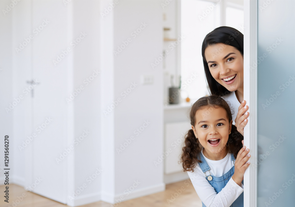 Happy mother and daughter peeking through a door, in their modern home Happy mother and daughter peeking through a door, in their modern home