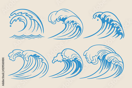 Vintage Hand-Drawn Sea Waves Collection, Stormy Ocean Tides, Beach Storms, and Nautical Wave Sketches in Vector Illustration