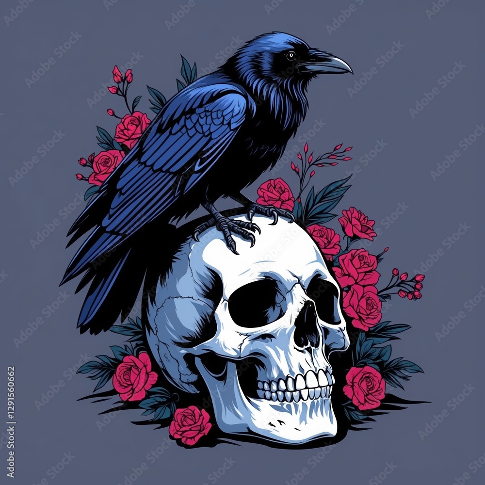 Fototapeta premium Blue raven sits atop white skull with red roses. Dark art with bird and human cranium surrounded by flowers.