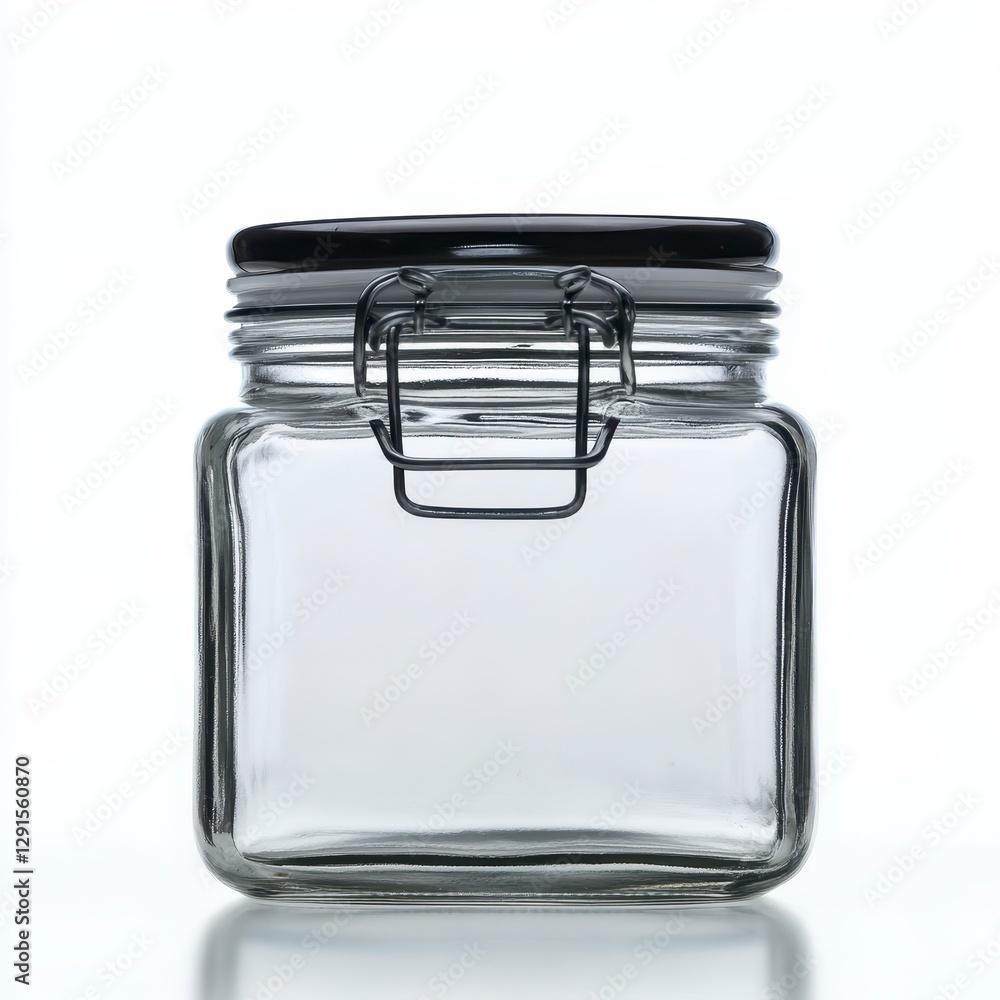 Empty Square Glass Jar with Black Metal Lid and Silver Clamp on White Background Empty Square Glass Jar with Black Metal Lid and Silver Clamp on White Background