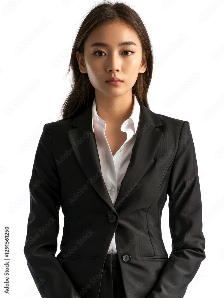 Confident Young Woman in Black Suit with Business Attire Confident Young Woman in Black Suit with Business Attire