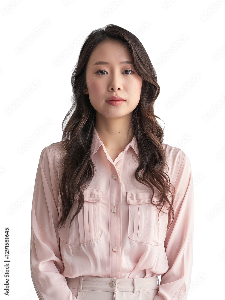 Young Woman in Pink Blouse with Long Hair Against Dark Background Young Woman in Pink Blouse with Long Hair Against Dark Background