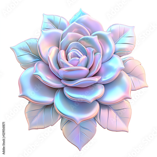 Iridescent rose with glossy petals and leaves on white background