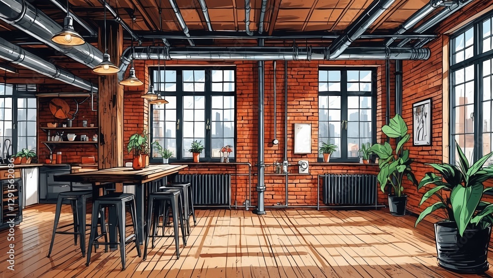 Naklejka premium Loft kitchen interior. Brick walls with large windows, metal pipes run across ceiling. Black stools at wooden table, plants decorate room.