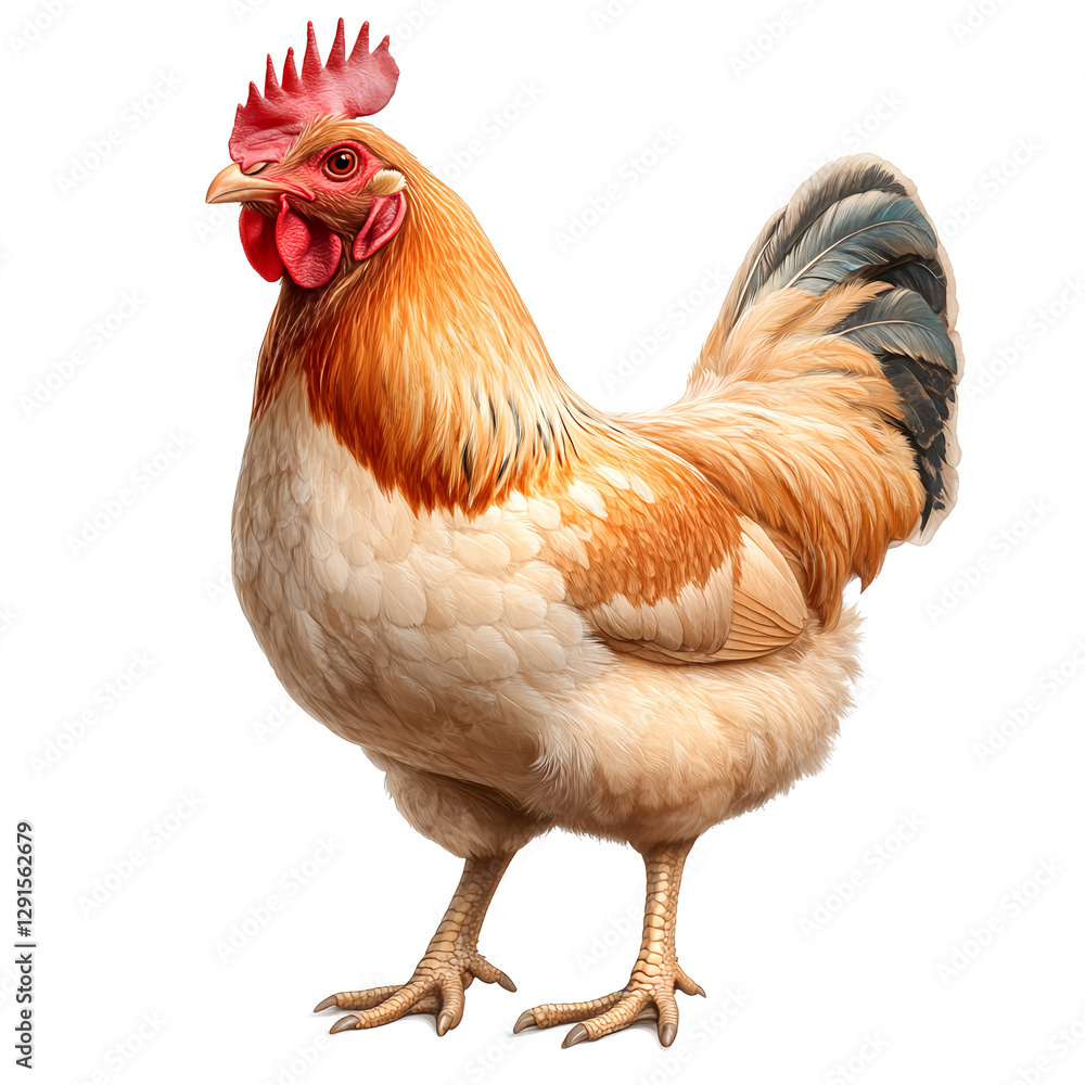 Fototapeta premium Realistic chicken standing on white background, showcasing vibrant feathers and details