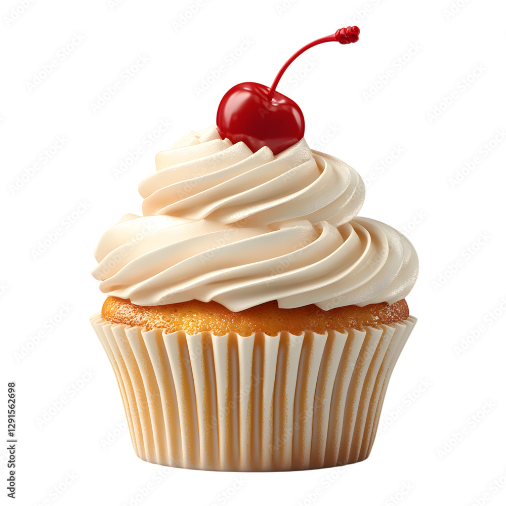 Fluffy 3D Cartoon Cupcake with Swirled Frosting and Cherry Isolated on Transparent Background Fluffy 3D Cartoon Cupcake with Swirled Frosting and Cherry Isolated on Transparent Background