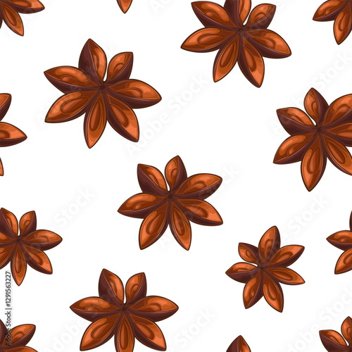 Star anise seamless pattern. Condiment background. Organic food concept. Star anise pattern for fabric, packaging, coffee and bakery shops. Hand Drawn vector illustration