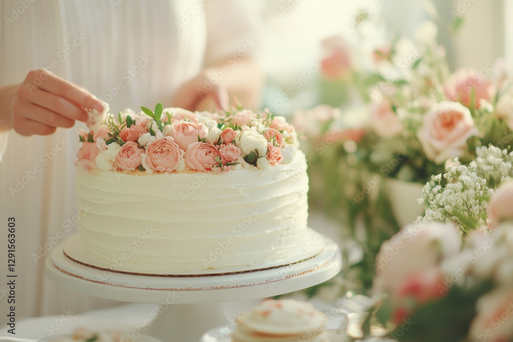Delicate floral cake decoration with pink roses in an elegant setting Delicate floral cake decoration with pink roses in an elegant setting