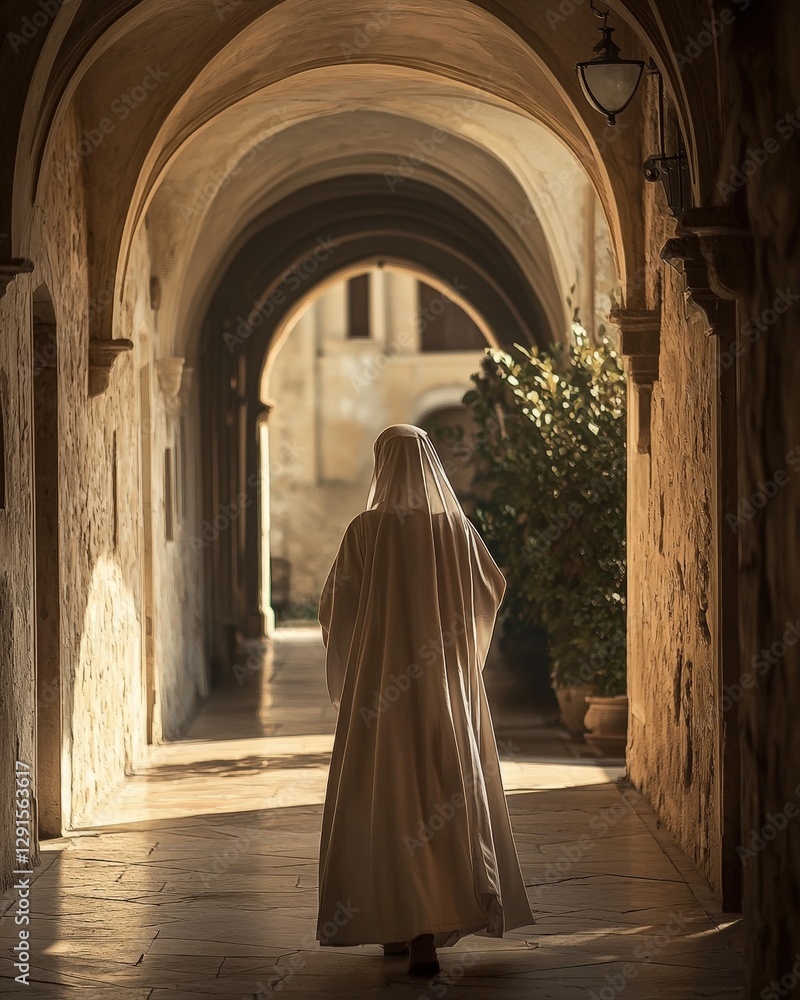 Naklejka premium Nun in a flowing white robe walks through an arched stone hallway, conveying serenity and historical faith. Ideal for religious themes and travel.