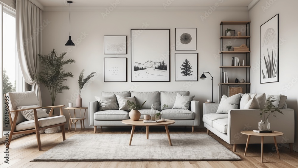 Fototapeta premium Living room interior design with light gray sofas, wood furniture, and framed art. Bright, minimalist space with plants, rug, and bookshelf for relaxing at home.