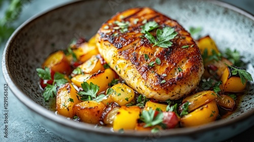 Grilled Salmon with Roasted Vegetables on Plate photo