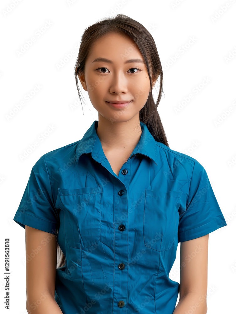 Young Woman in Blue Shirt Smiling With Confidence and Poise Young Woman in Blue Shirt Smiling With Confidence and Poise