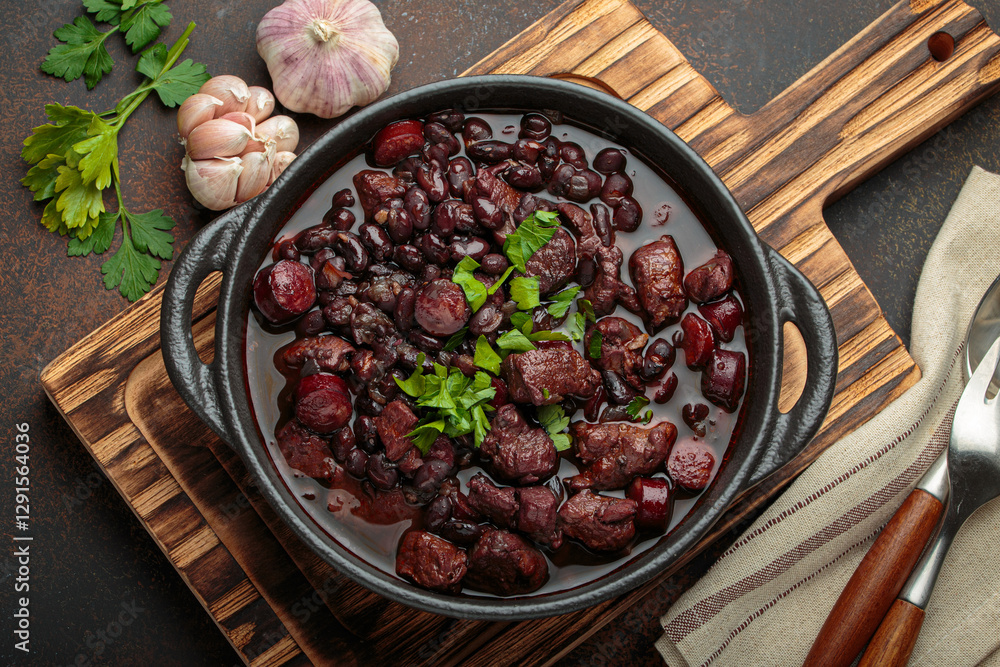 Brazilian feijoada, a hearty stew of black beans, various cuts of meat, and sausage, garnished with fresh parsley, in a rustic cast iron pot, ready to be served Brazilian feijoada, a hearty stew of black beans, various cuts of meat, and sausage, garnished with fresh parsley, in a rustic cast iron pot, ready to be served