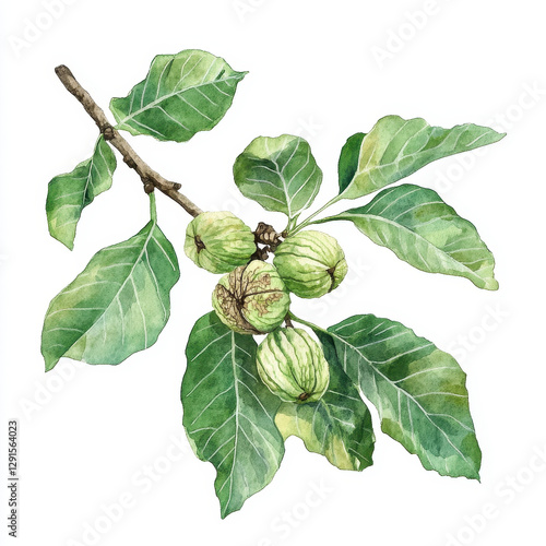 hand painted illustration of walnut branch featuring green husks and vibrant leaves, showcasing nature beauty and detail