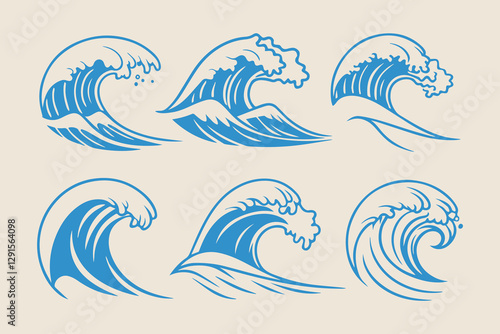 Vintage Hand-Drawn Ocean Waves, Storm Tides, and Beach Storms Vector Illustration Set