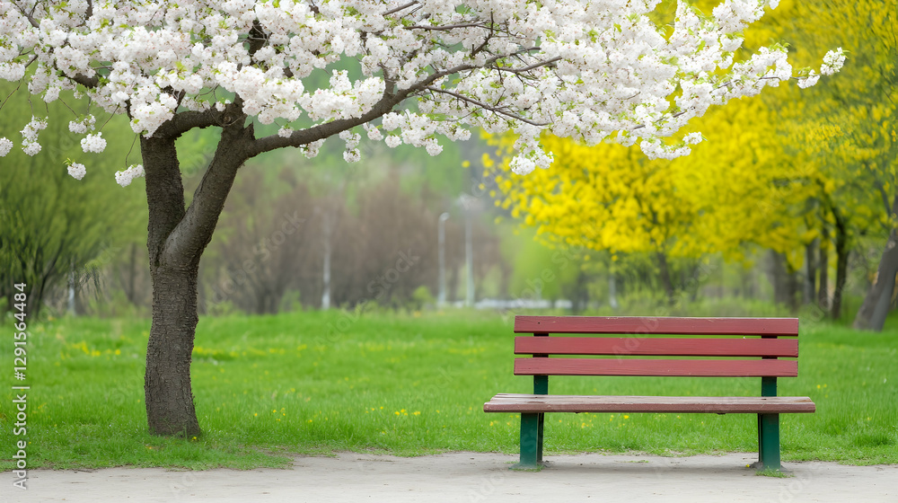 Spring park bench under blossoming trees (1) Spring park bench under blossoming trees (1)