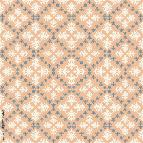 Fabric pattern, light orange background, decorated with white and light purple, arranged symmetrically and more delicately. Can be used as wallpaper, fabric or other decorations.