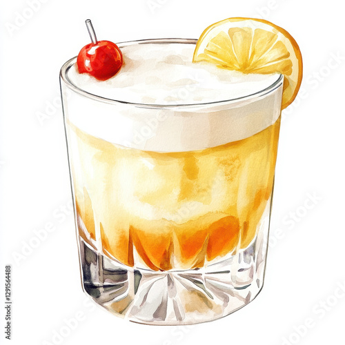 refreshing whiskey sour cocktail featuring vibrant yellow hue, garnished with lemon slice and cherry on top, perfect for any occasion