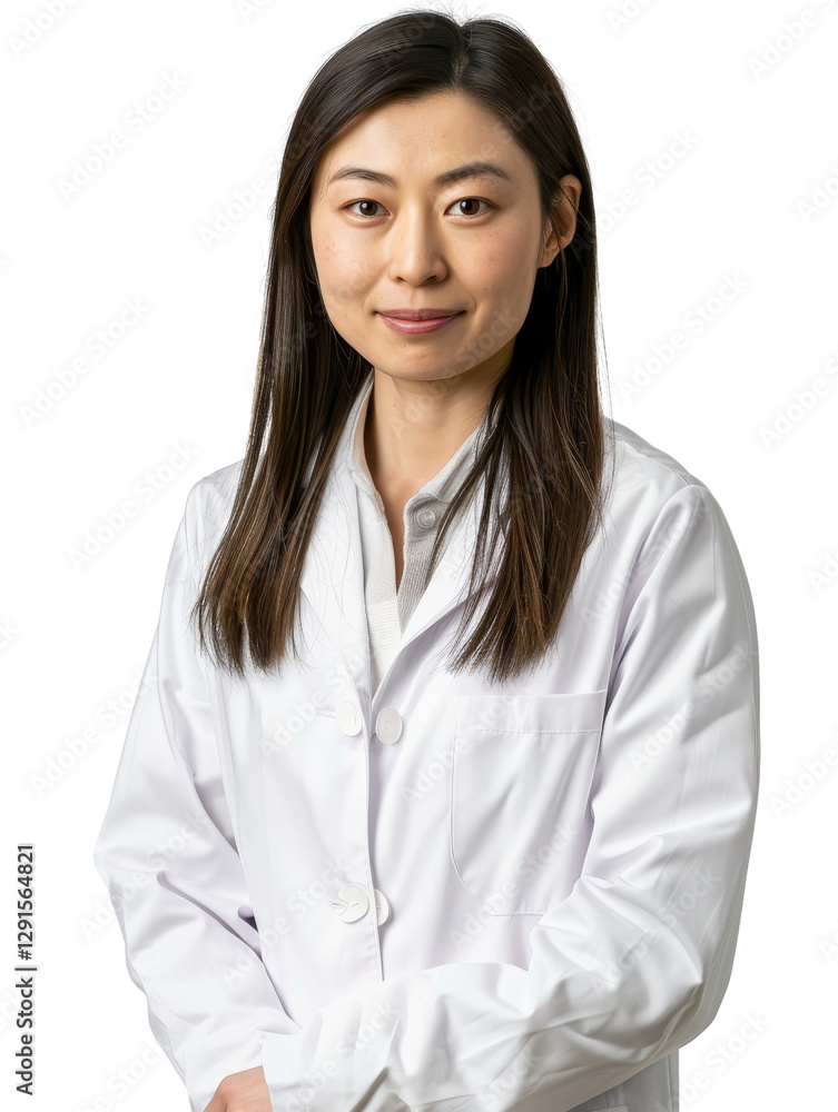 Confident Female Doctor in White Coat Posing with Serious Expression Confident Female Doctor in White Coat Posing with Serious Expression