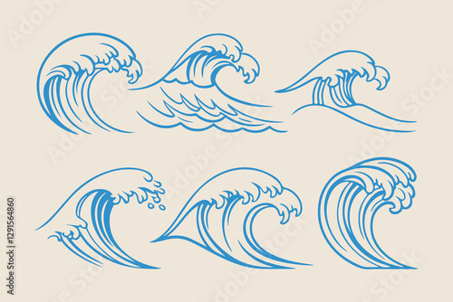 Vintage Hand-Drawn Ocean Waves, Storm Tides, and Beach Storms Vector Illustration Set