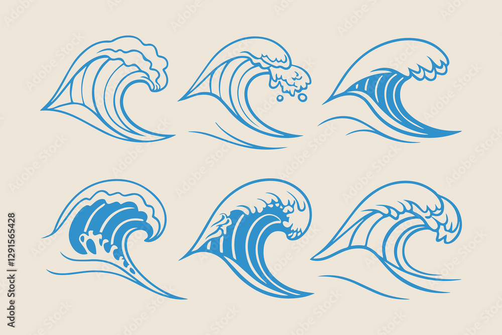 Fototapeta premium Hand-drawn vector illustrations of sea waves, featuring stormy waves, vintage tides, and ocean beach storms