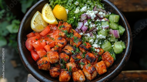 Grilled seafood bowl with fresh salad, outdoor cafe setting photo