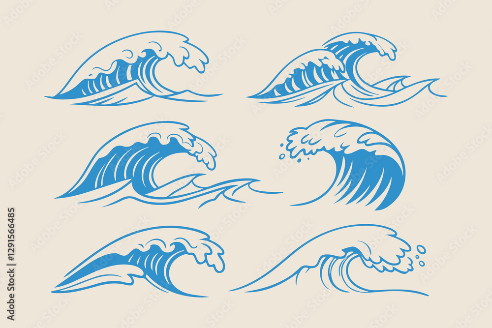 Fototapeta premium Hand-drawn vector illustrations of sea waves, featuring stormy waves, vintage tides, and ocean beach storms