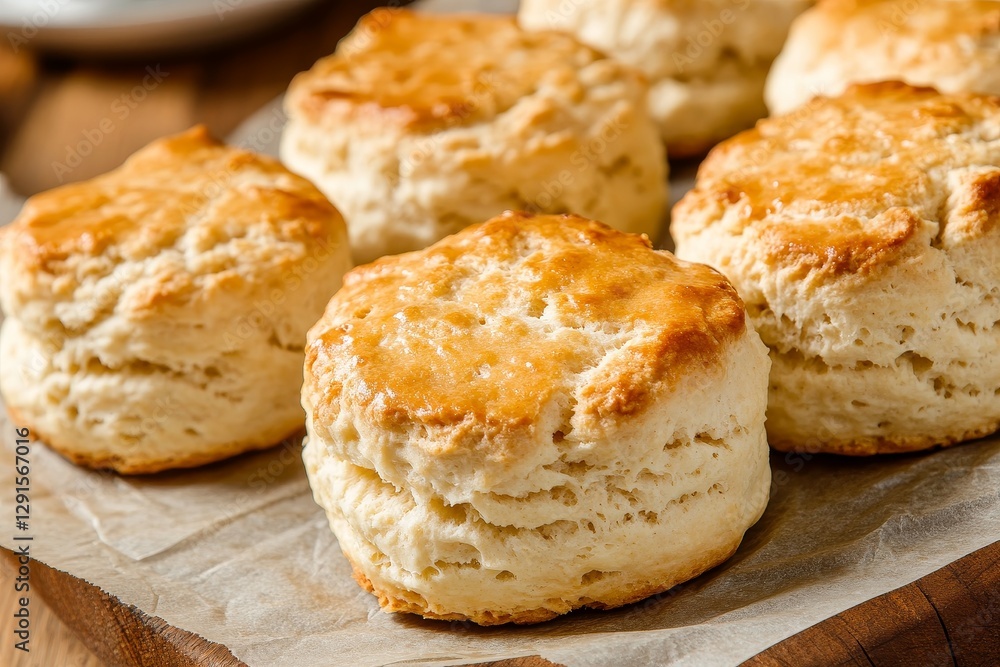 Freshly Baked Biscuits on Wooden Board with Golden Brown Crust Freshly Baked Biscuits on Wooden Board with Golden Brown Crust
