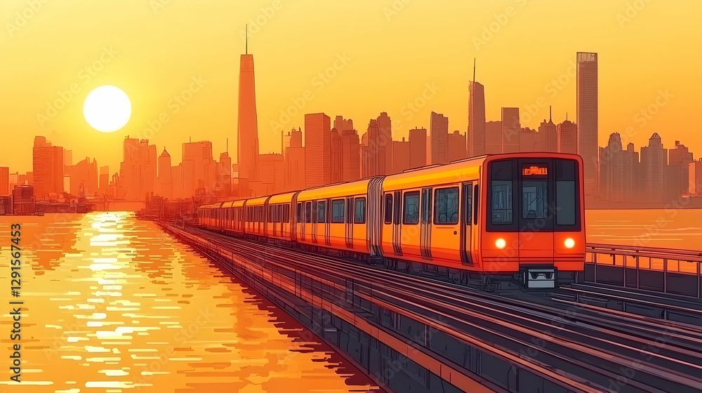 Fototapeta premium Sunset Subway Train Across City River