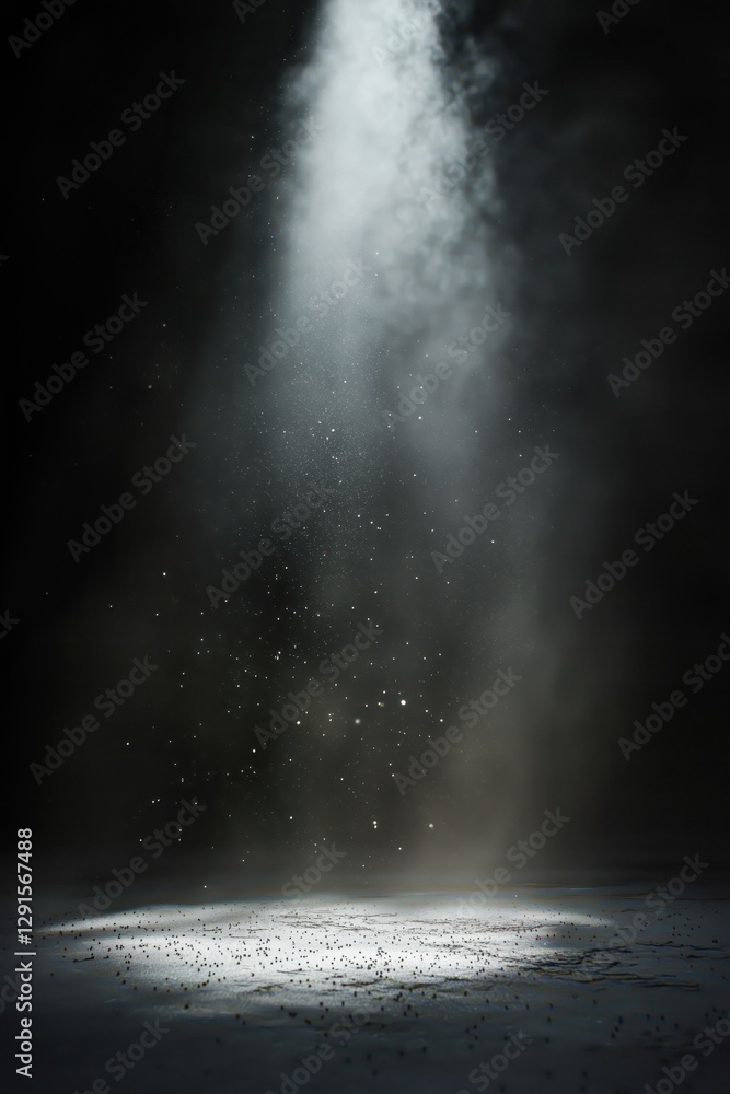 Godrays and small particles floating in the light in a dark black enviroment with smoke over a soil.