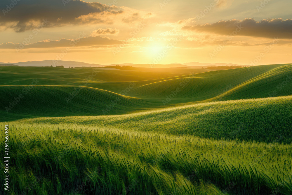 Obraz premium green wheat field with sun background